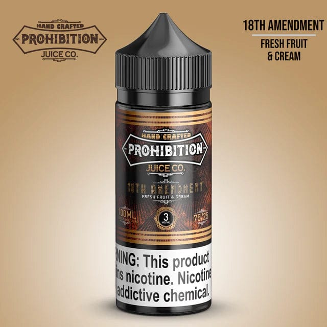 18th Amendment Prohibition Juice Co. e-liquid bottle, 100mL with vintage-style label for vaping flavor.