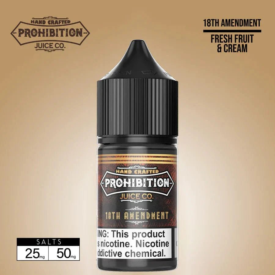 18th Amendment SALT e-liquid by Prohibition Juice Co., 30mL bottle with vibrant label, featuring vintage prohibition-era design.