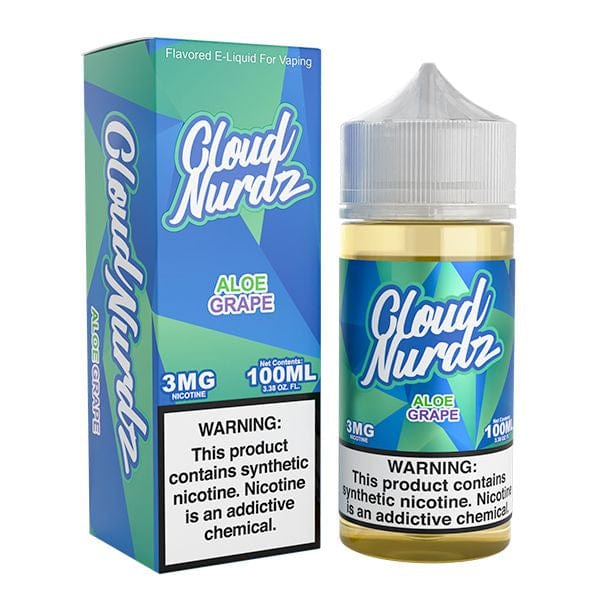 A 100mL bottle of Aloe Grape E-liquid by Cloud Nurdz with vibrant label design, showcasing a blend of aloe and grape flavors.
