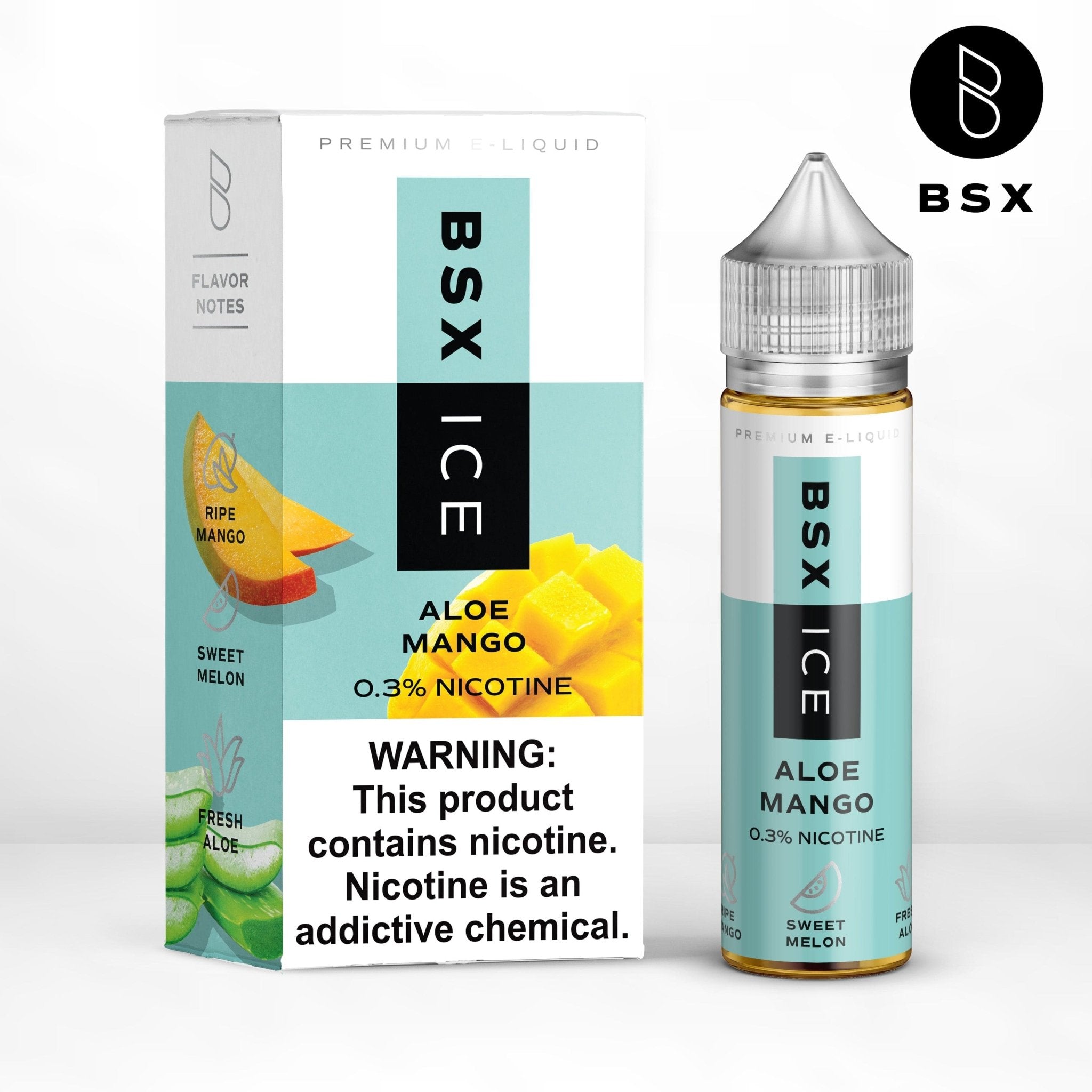 BSX Vapor Aloe Mango ICE e-liquid bottle featuring a vibrant label, 60mL size, with aloe and mango flavor notes.