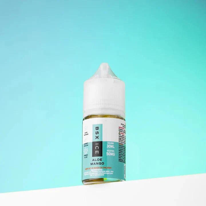 A 30mL bottle of BSX Vapor Aloe Mango ICE Salt E-liquid with vibrant label, featuring aloe, mango, and icy cool design.