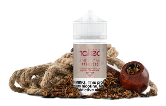 American Patriots Naked 100 e-liquid bottle, 60mL size, with vibrant label design and flavor branding for vaping.