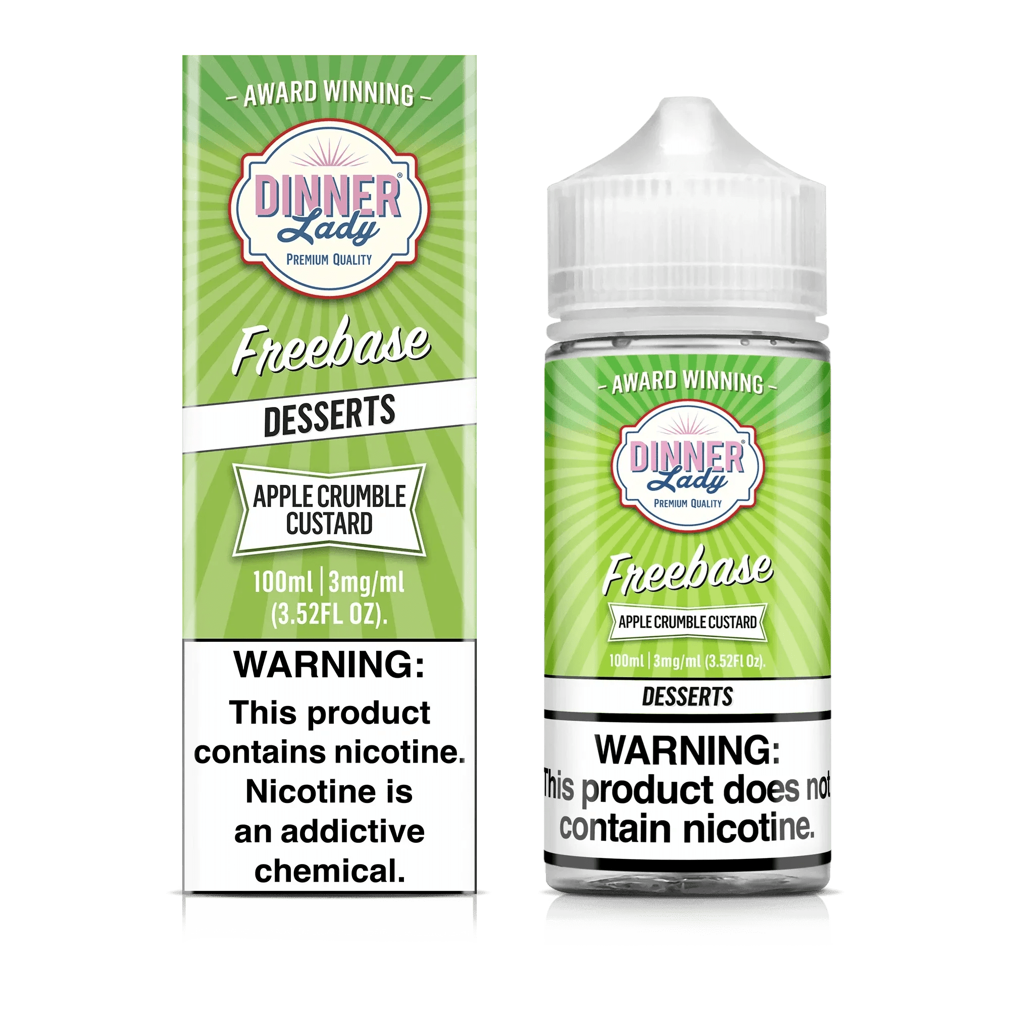 Apple Crumble Custard e-liquid by Dinner Lady in a 100mL bottle, featuring a rich apple crumble with creamy custard flavor.