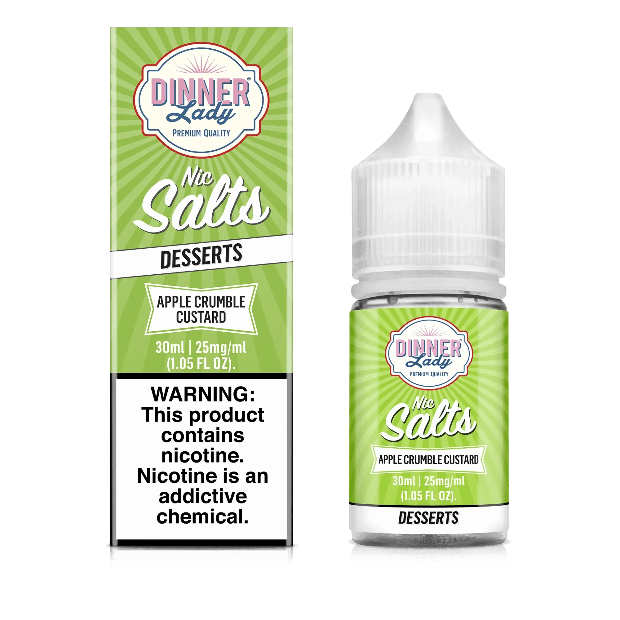 Apple Crumble Custard SALT e-liquid by Dinner Lady in 30mL bottle, featuring a rich apple and custard flavor profile.