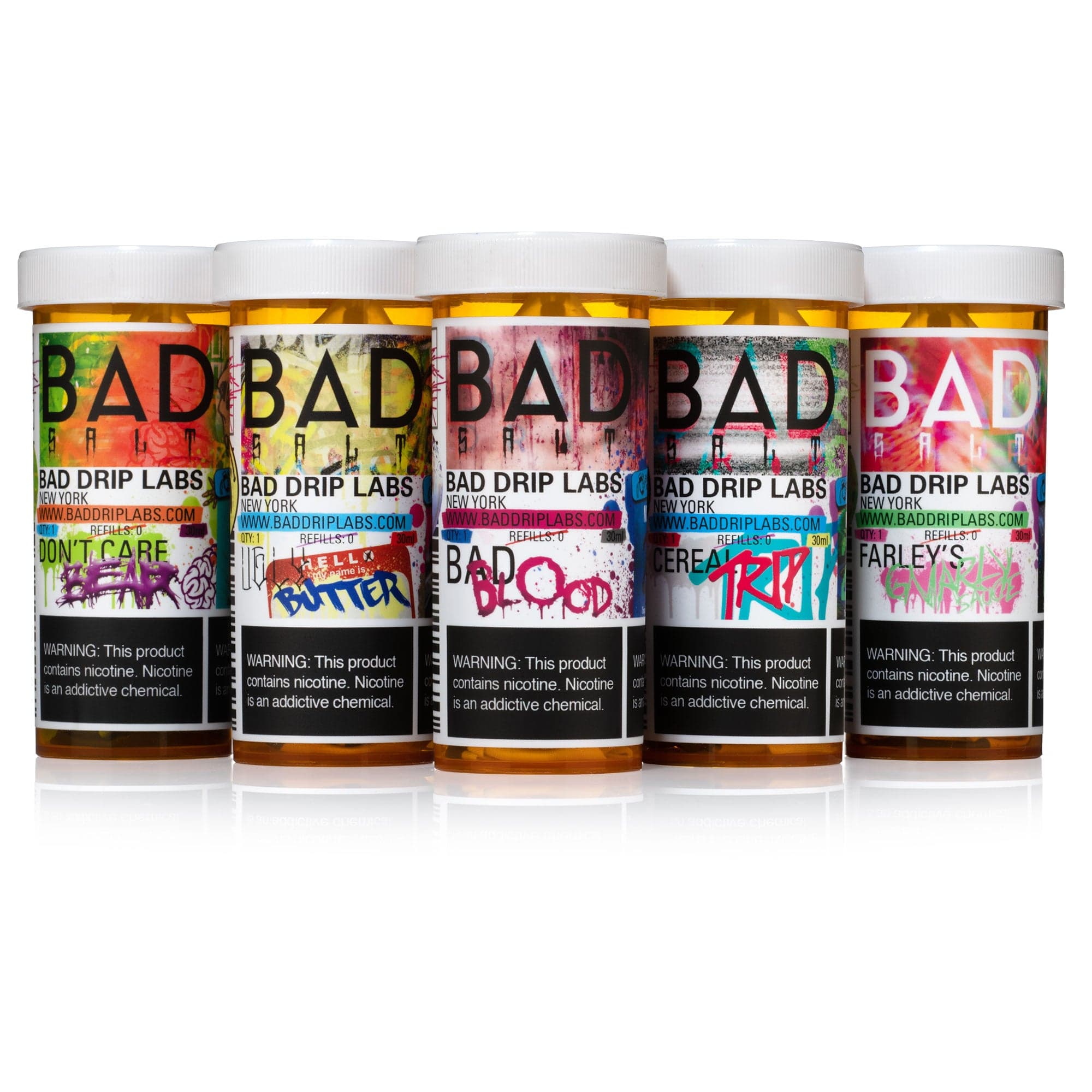 Bottle of Bad Apple e-liquid by Bad Drip Labs, 60mL size, with colorful apple-themed label and vape flavor branding.