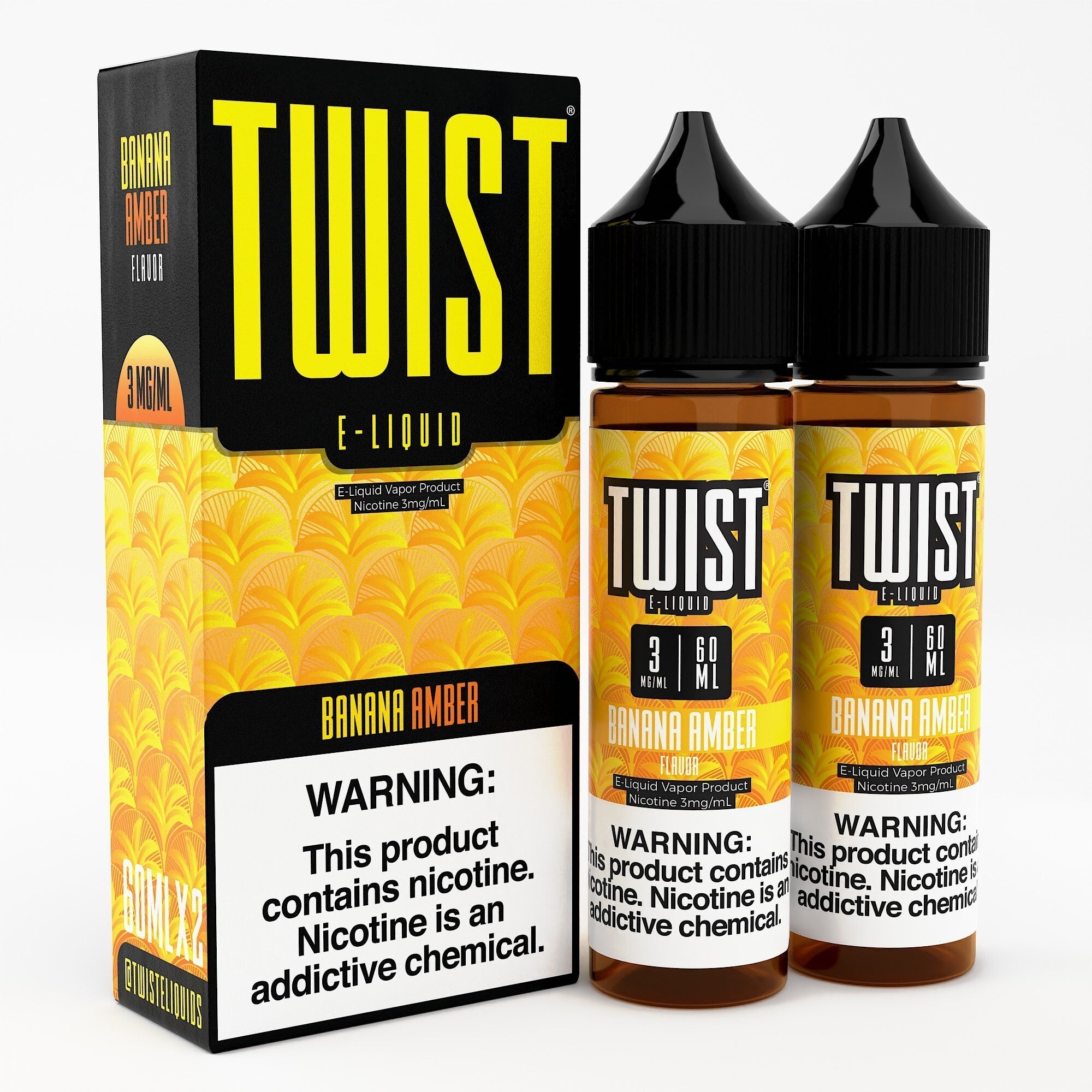 Banana Amber Twist E-Liquids 120mL bottle featuring vibrant yellow banana and amber-colored e-liquid for vaping enjoyment.