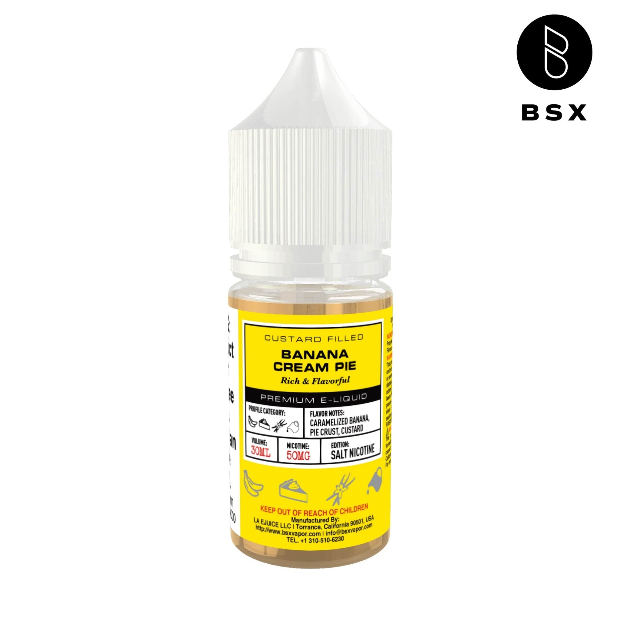 Banana cream pie flavored salt e-liquid by BSX Vapor in a 30mL bottle, featuring creamy banana and pie dessert notes.