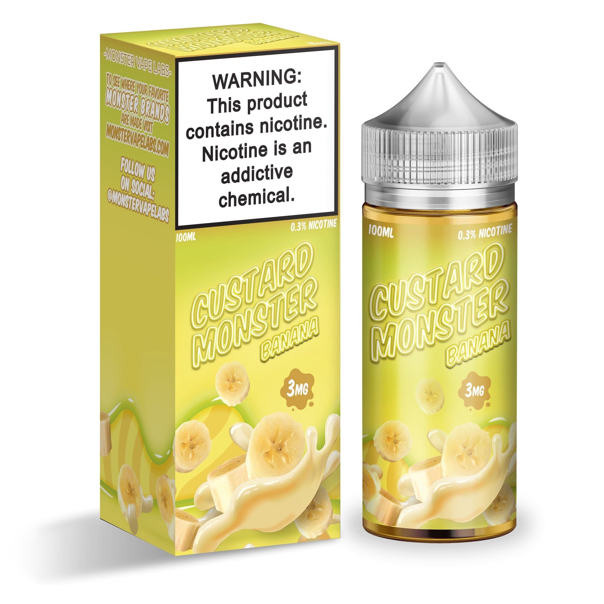 Banana Custard Monster e-liquid bottle, 100mL, featuring a colorful label with banana and custard flavor imagery.