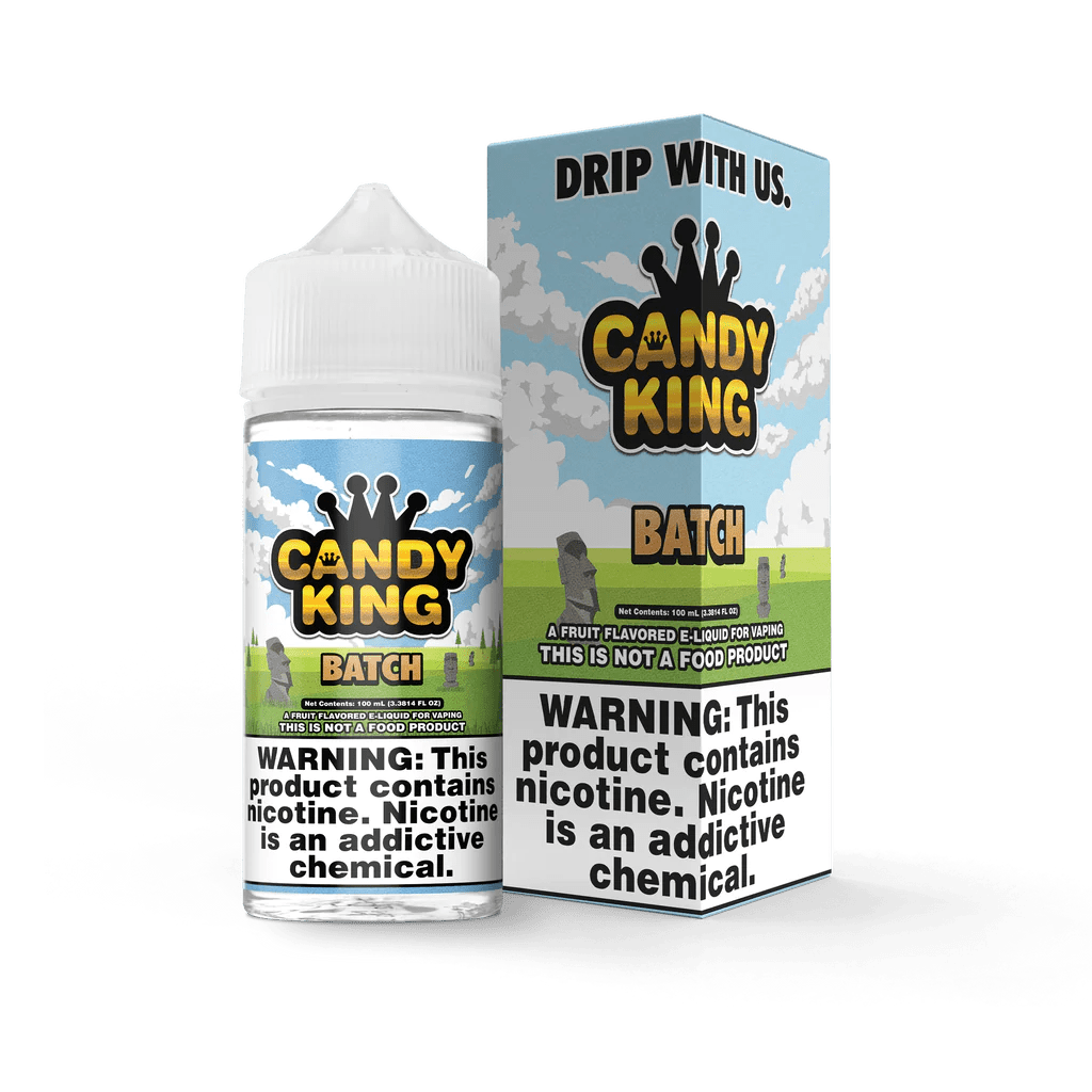 Batch Candy King 100mL e-liquid bottle with colorful label and cap, showcasing the popular vape juice flavor.