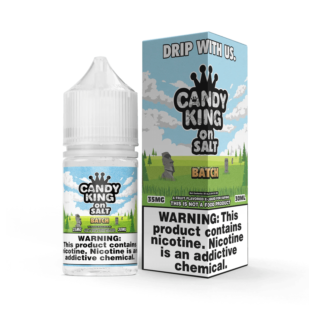 Batch SALT e-liquid by Candy King, 30mL bottle featuring colorful packaging and vape juice with candy flavor on a white background.