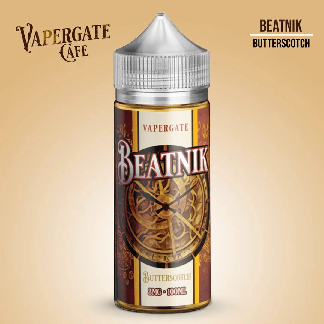 Vapergate Beatnik Vapergate Cafe 100mL e-liquid bottle with colorful label and flavor description on packaging
