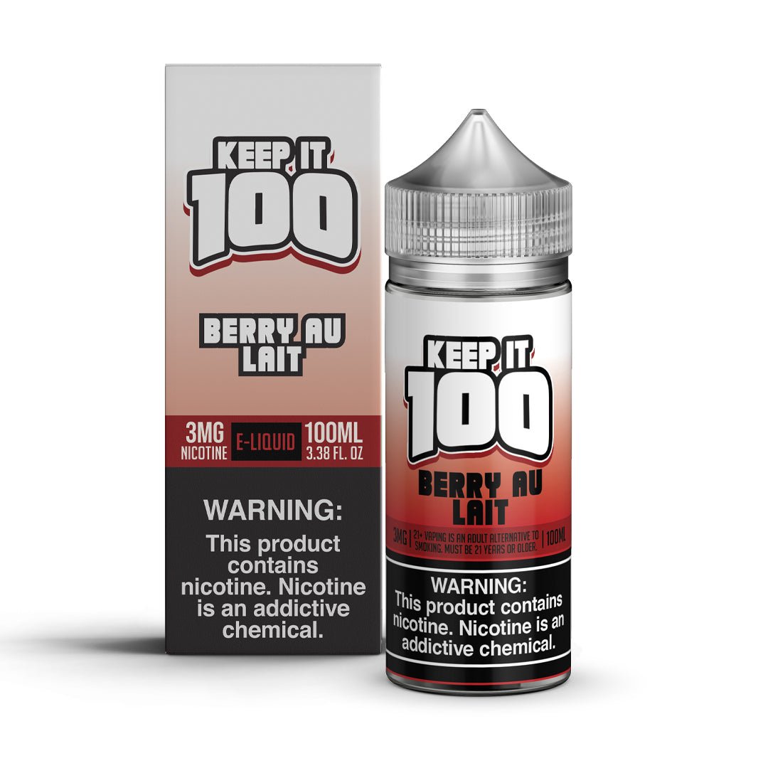 Berry Au Lait strawberry milk e-liquid by Keep It 100 in a 100mL bottle, featuring fresh berry and creamy milk flavor.