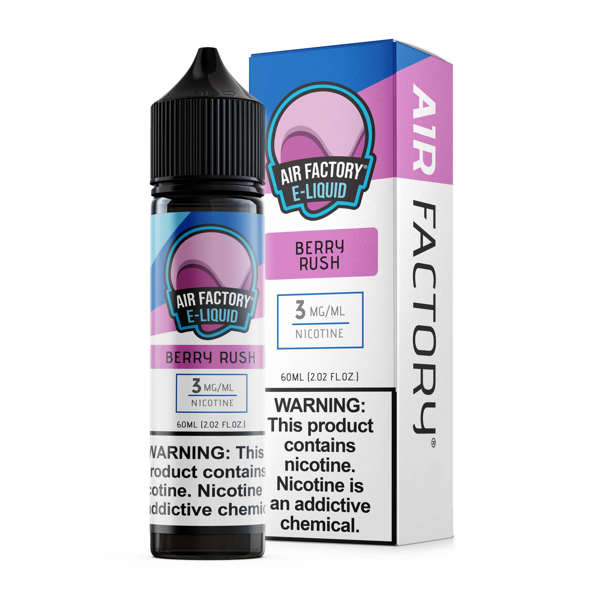Berry Rush Air Factory e-liquid 60mL bottle with vibrant berry illustrations and clear label on a white background.