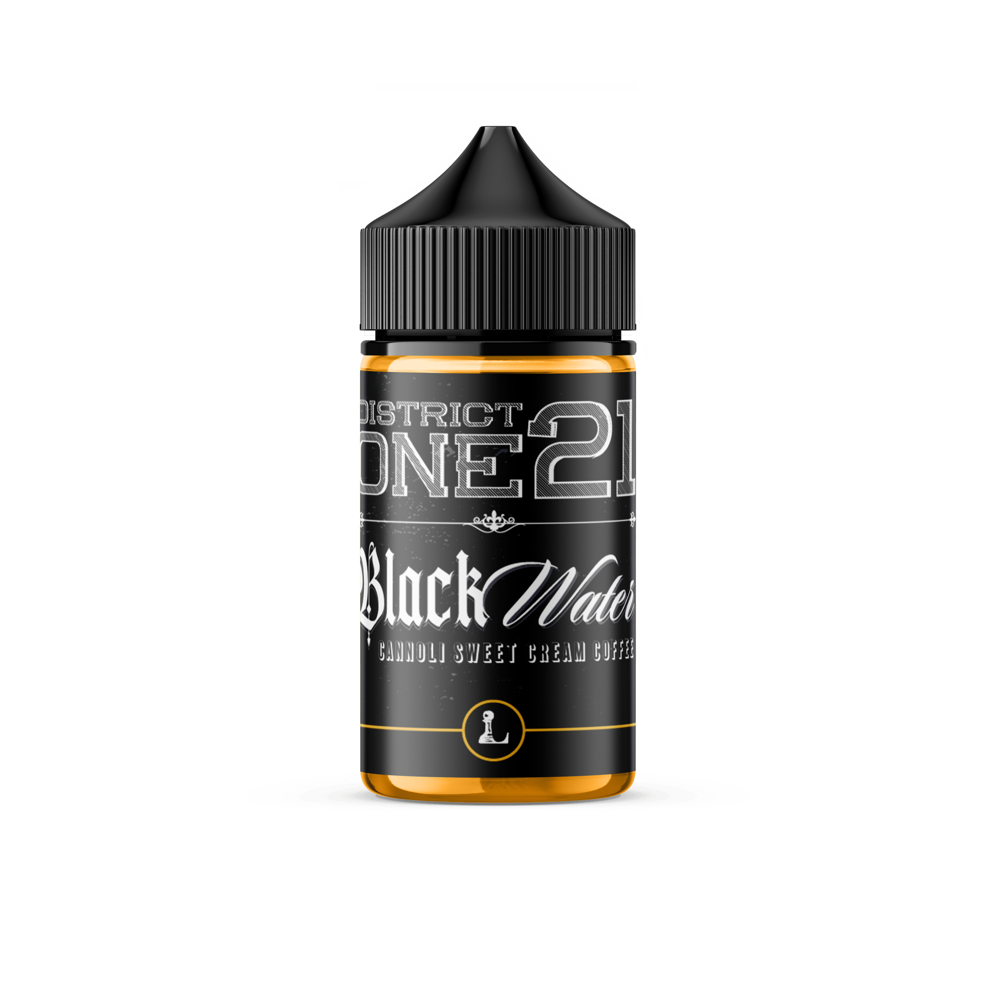 Black Water District One21 e-liquid by Five Pawns, 60mL bottle with dark liquid and sleek black label design.