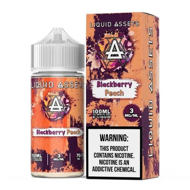 Blackberry Peach E-liquid by Liquid Assets in a 100mL bottle showing blackberry and peach flavor illustrations.