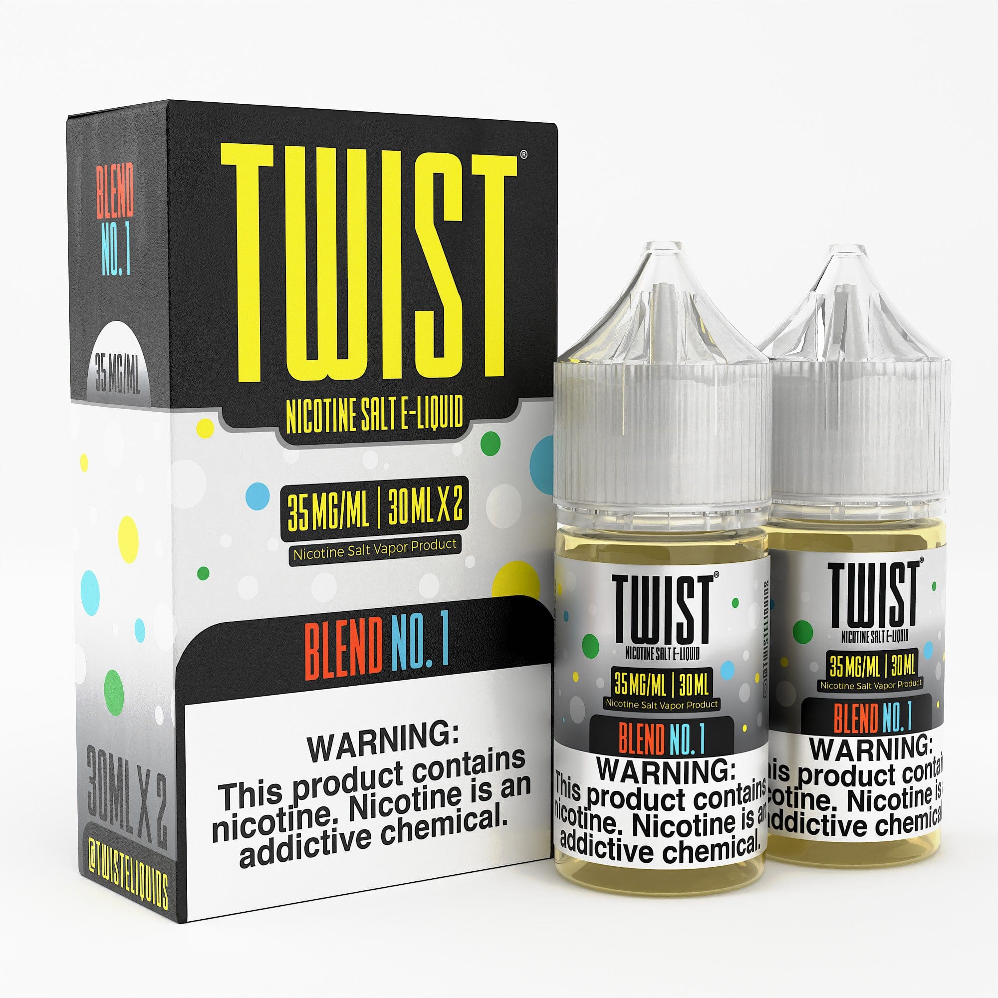 Bottle of Twist E-liquids Blend No. 1 SALT e-liquid in 60mL bottle with colorful label showing the Twist brand logo.