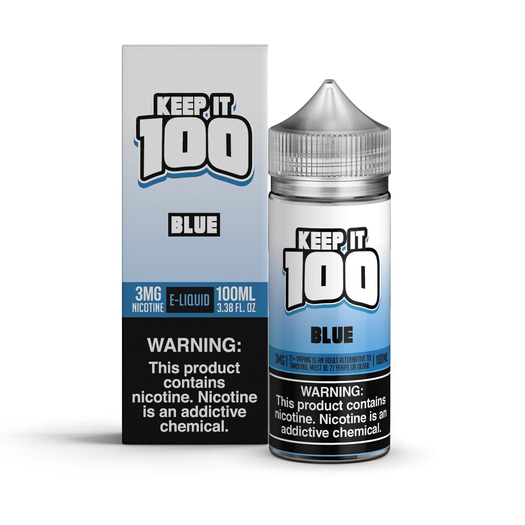 Blue Keep It 100 100mL e-liquid bottle with vibrant blue packaging and clear label, designed for vaping.