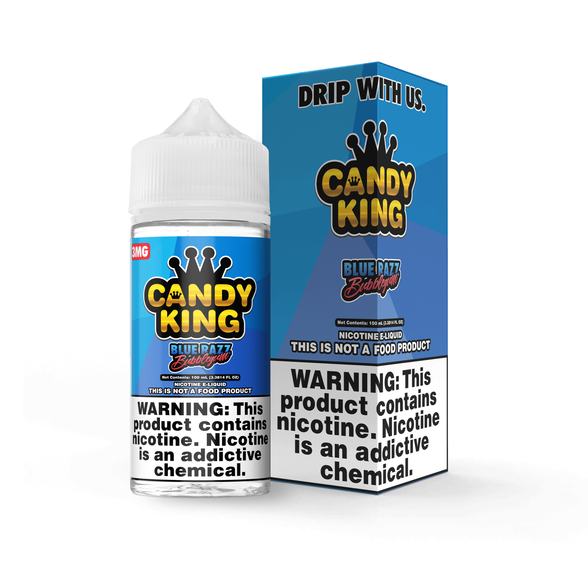 Blue Razz Bubblegum e-liquid by Candy King in a 100mL bottle featuring vibrant blue and pink bubblegum flavor imagery.