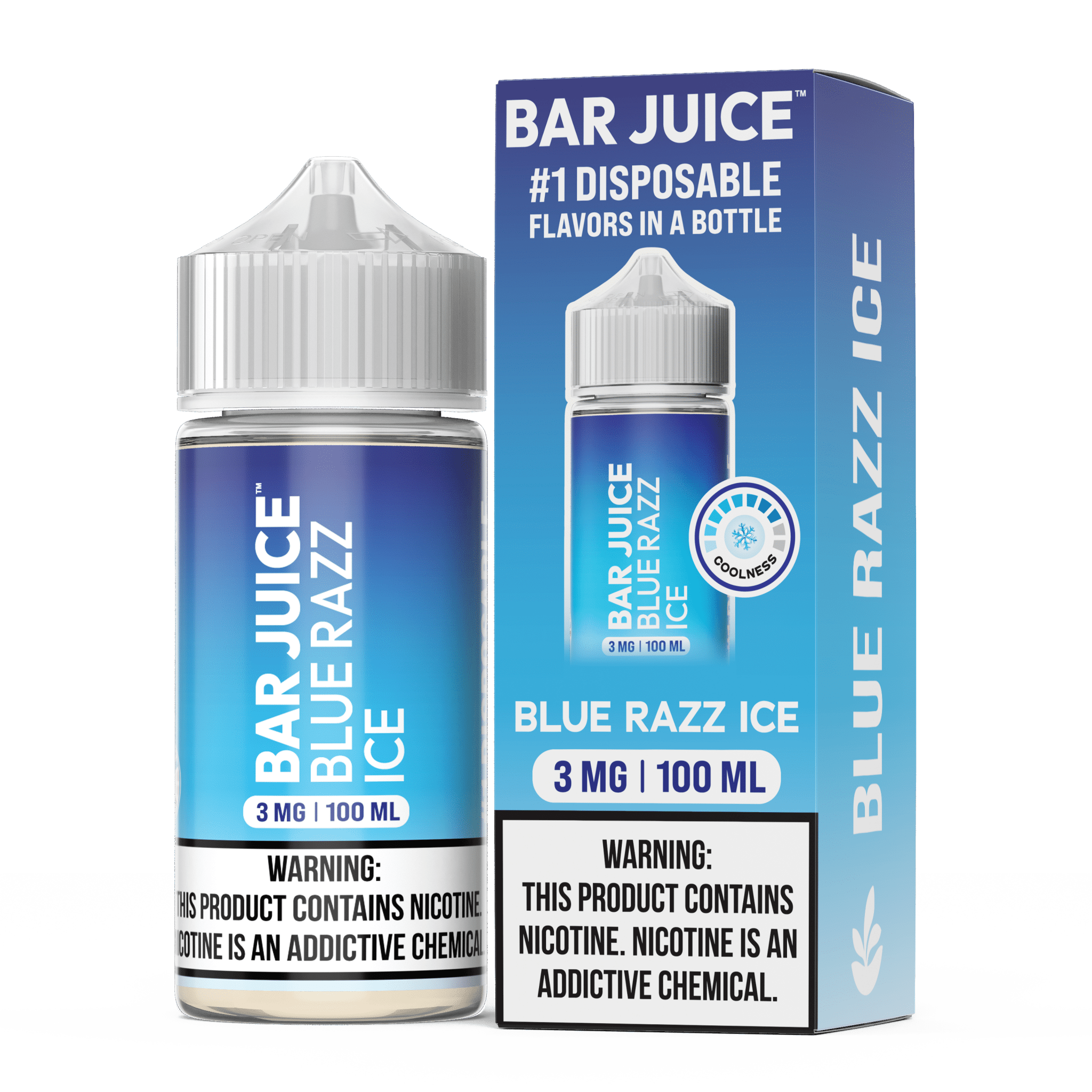 Blue Razz ICE Bar Juice e-liquid in 100mL bottle, featuring a vibrant blue raspberry flavor with icy menthol cooling effect.