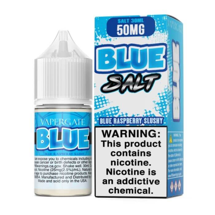 Blue SALT Vapergate e-liquid bottle, 30mL, with blue and white label, showcasing the product packaging for vaping.