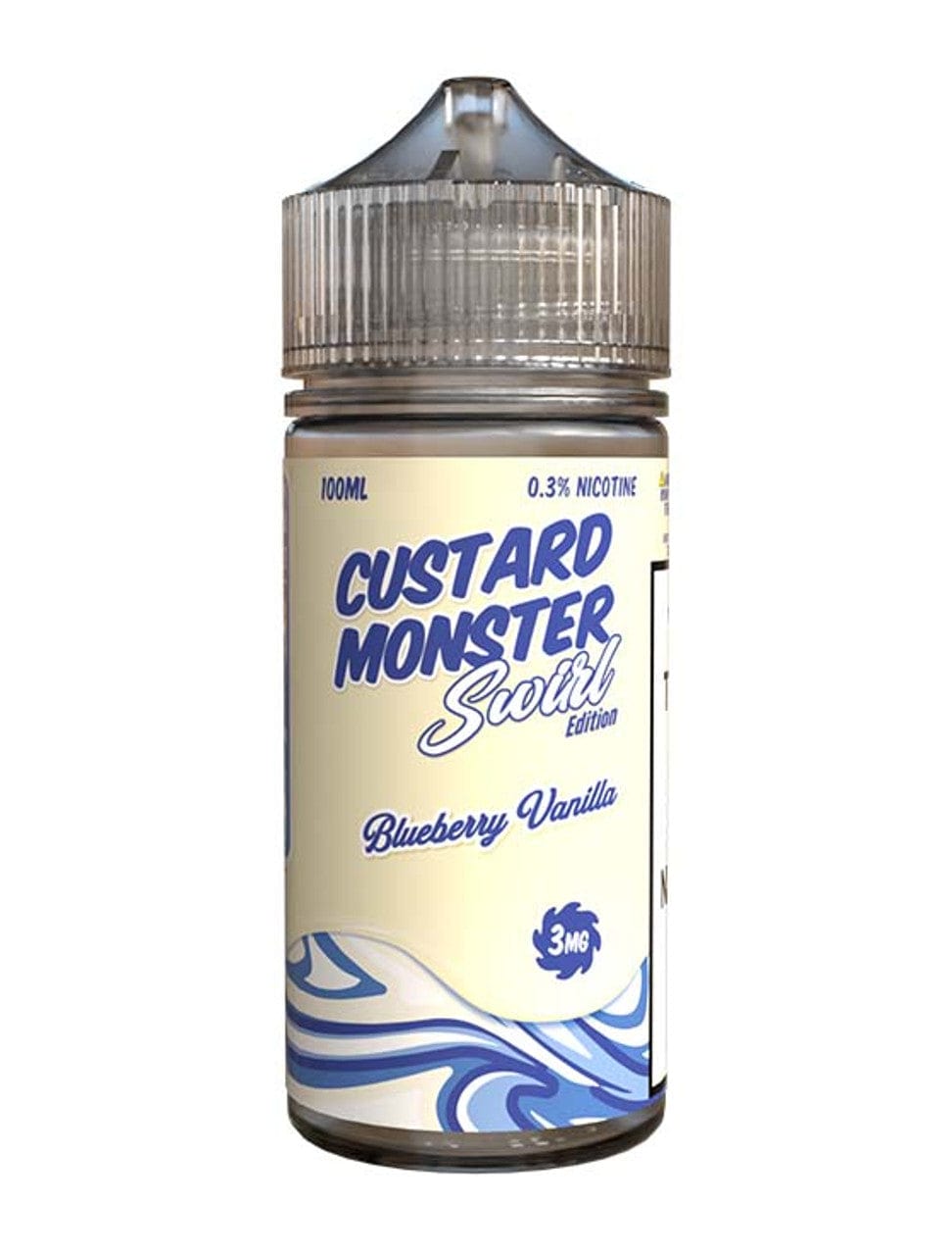 Blueberry vanilla custard e-liquid by Custard Monster, Swirl Edition, 100mL bottle with a vibrant label featuring blueberries and vanilla pods.