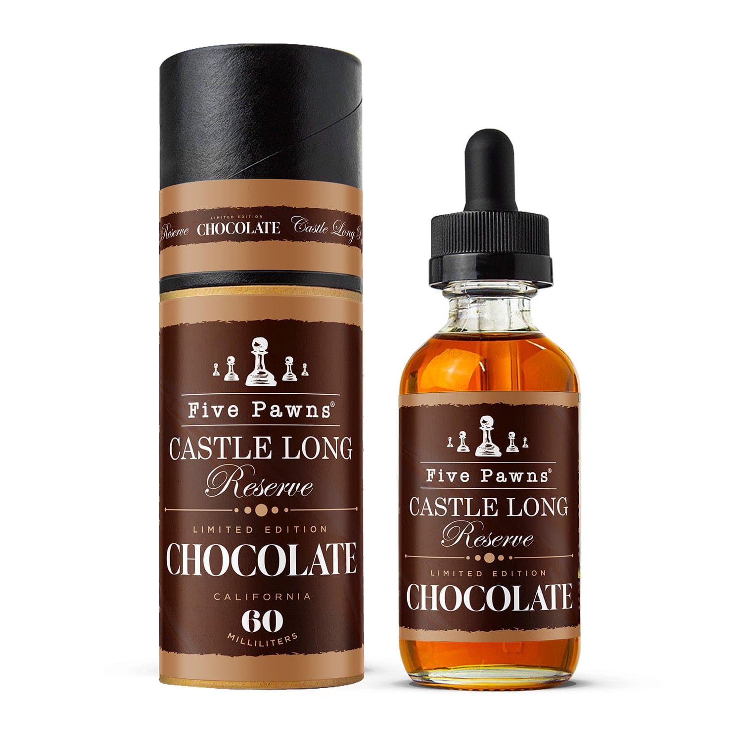 Castle Long Reserve Limited Chocolate Edition e-liquid by Five Pawns in a 60mL bottle with rich chocolate flavor.