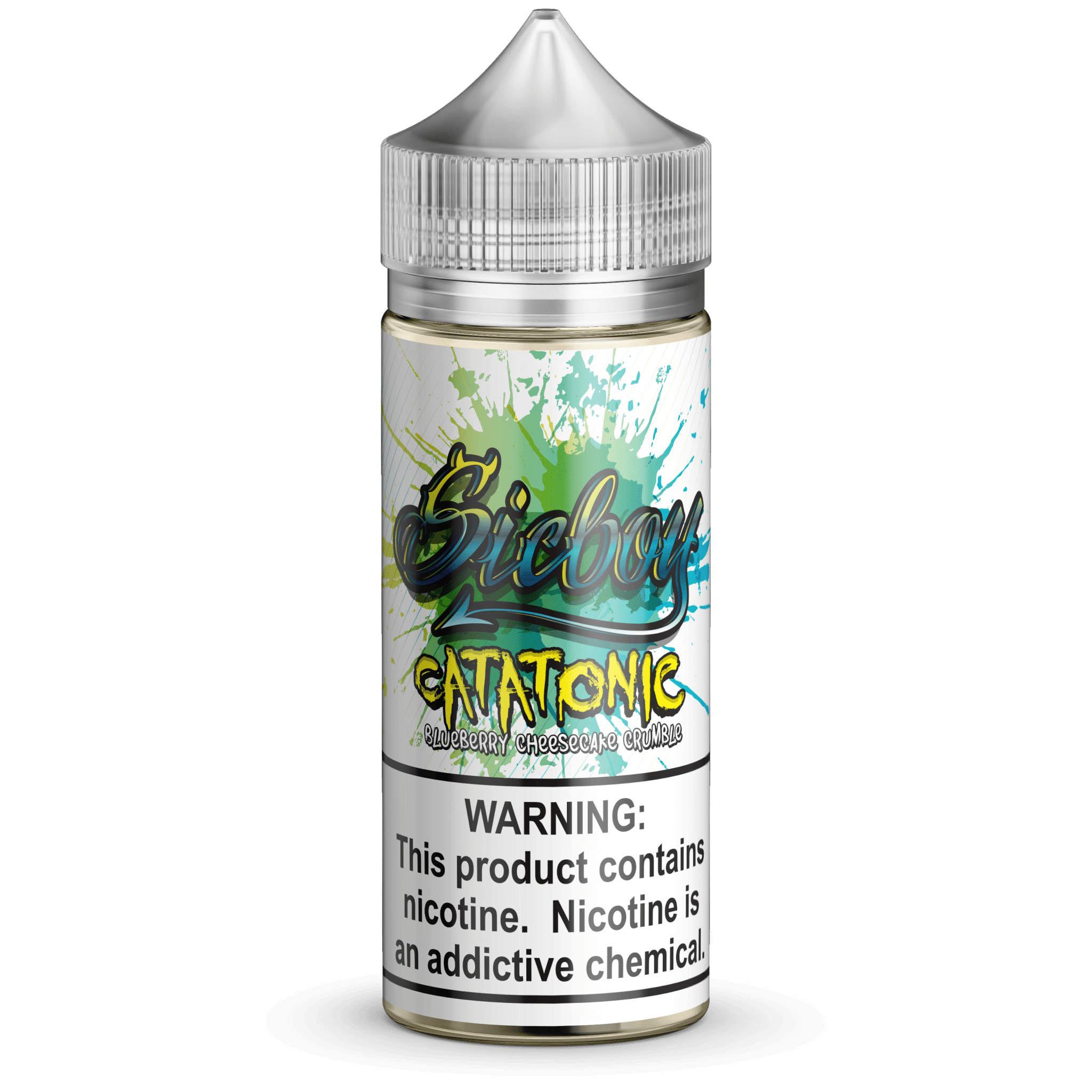 Sicboy Catatonic e-liquid 100mL bottle with colorful label, featuring bold graphics and branding for vaping enthusiasts.
