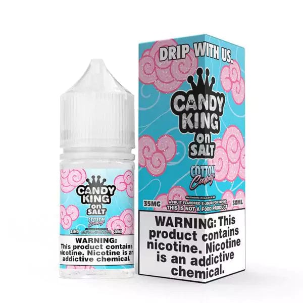 Bottle of Cotton Candy SALT e-liquid by Candy King, 30mL, with colorful cotton candy flavor and vibrant packaging.