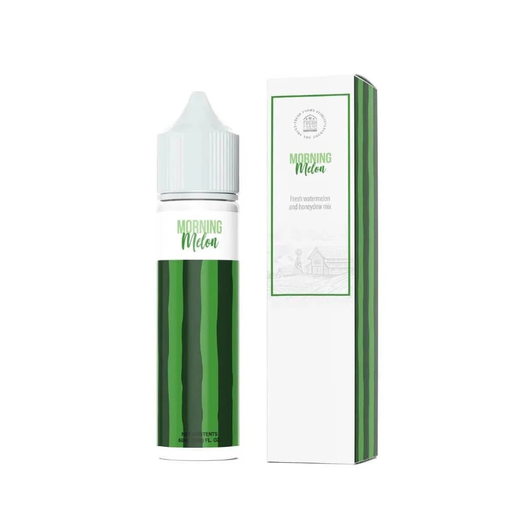 Bottle of Morning Melon Fresh Farms Eliquid e-liquid, 60mL, with bright melon and citrus flavor label on the packaging.