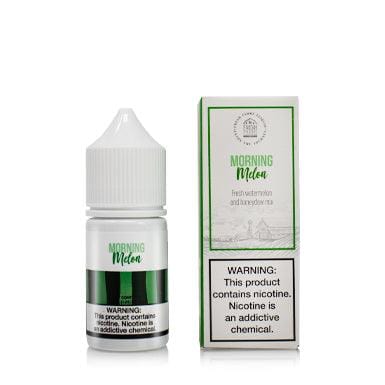 Fresh Farms Morning Melon SALT e-liquid bottle with vibrant melon flavor and clear label, 30mL size for vaping.