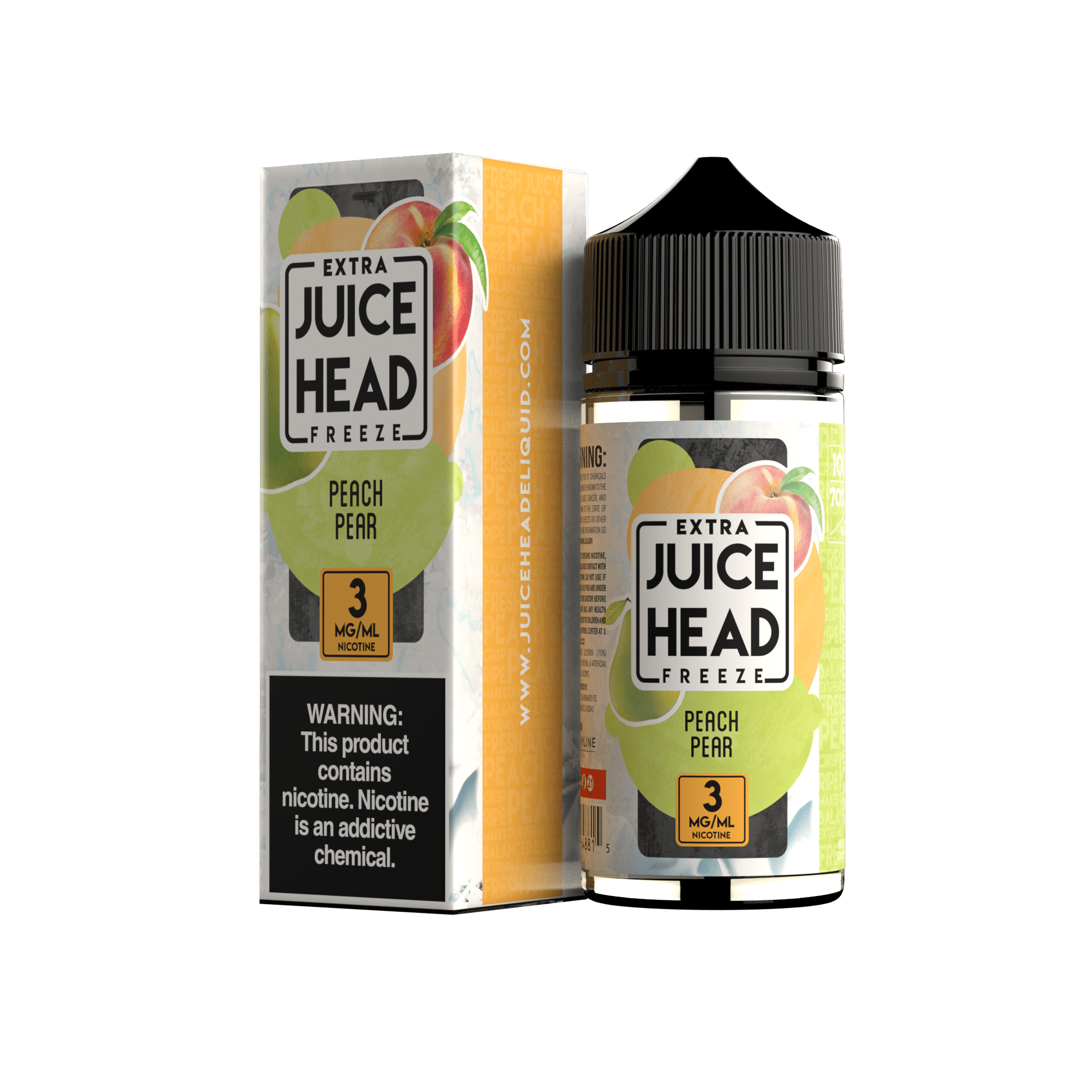 Juice Head Peach Pear Freeze e-liquid bottle, 100mL flavor with peach and pear notes, featuring vibrant fruit illustrations.