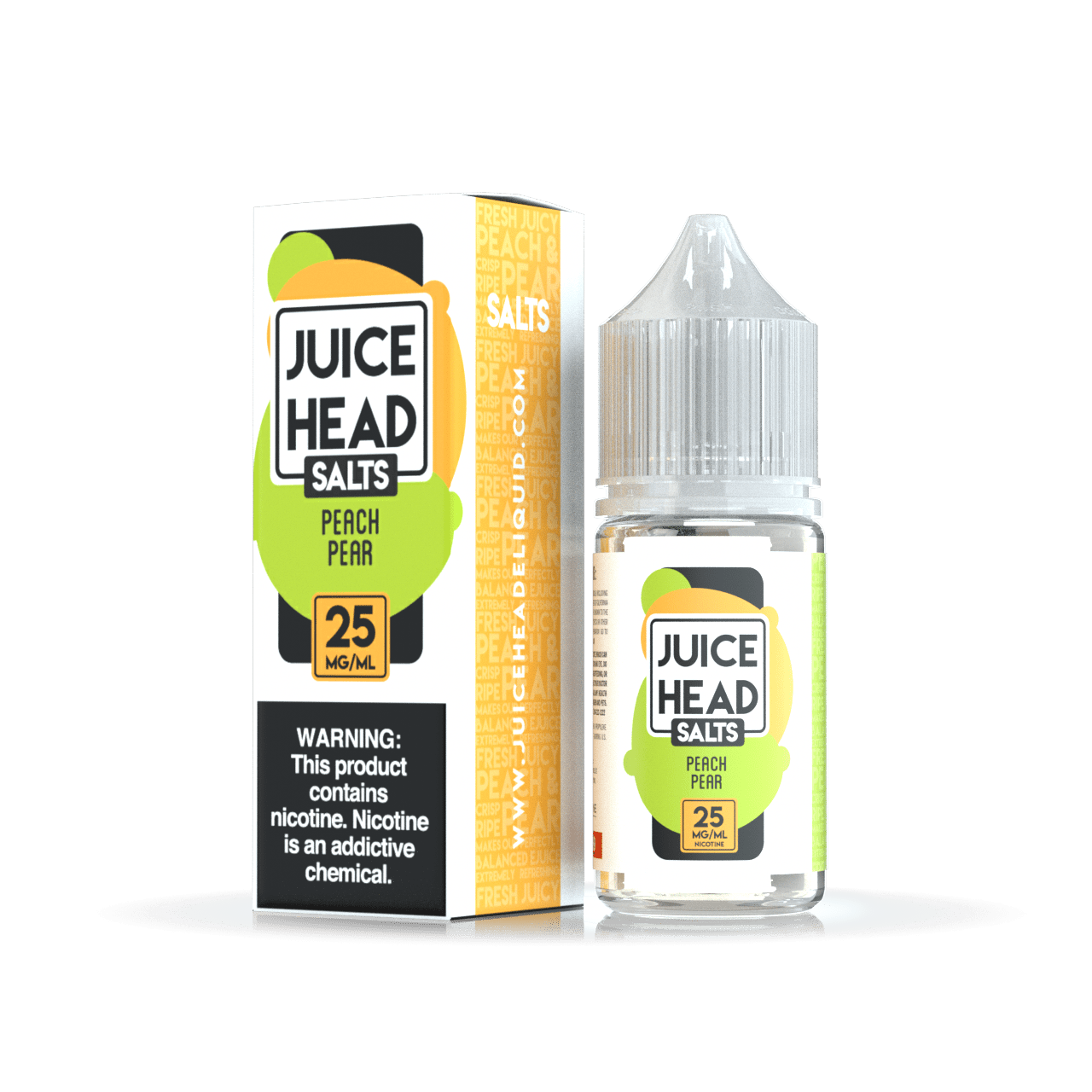 Peach Pear Salt e-liquid by Juice Head, 30mL bottle showing bright peach and pear flavors in colorful packaging.