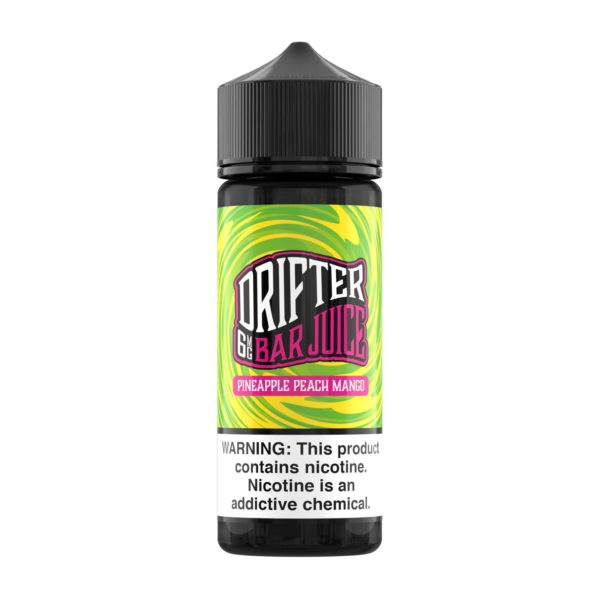 Bottle of Drifter E-Liquid Pineapple Peach Mango flavor 120mL with colorful label featuring tropical fruit illustrations.