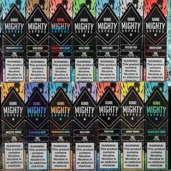 Mighty Vapors Power Pebs Mighty Vapor 60ml e-liquid bottle with colorful packaging and label design.