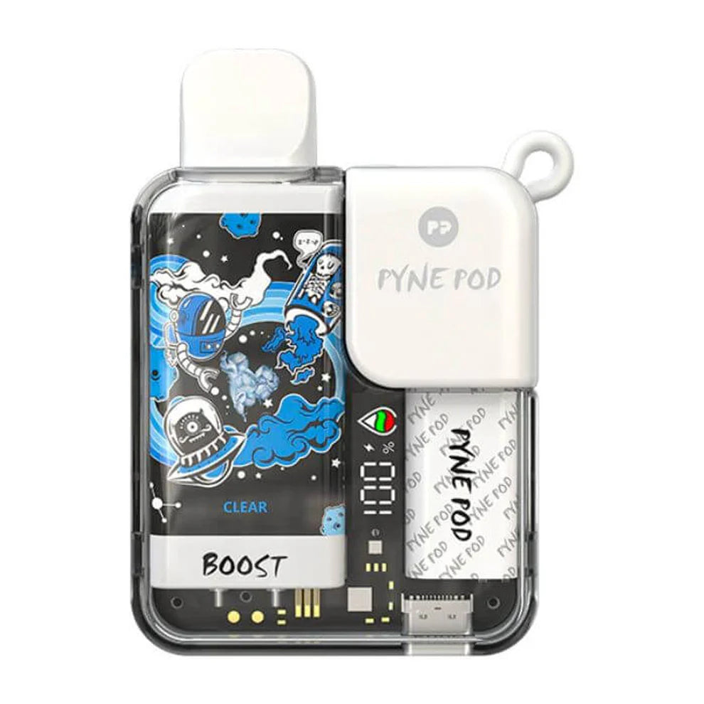 PYNE Pod Boost 8,500K disposable vape device with clear design and sleek appearance, ideal for easy vaping on the go.