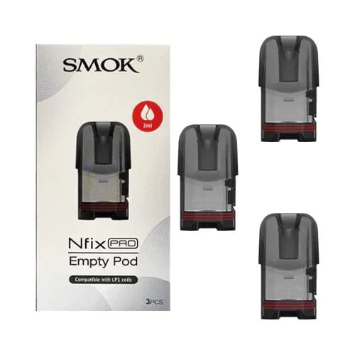 SMOK Nfix Pro replacement vape pods showing clear plastic containers with black mouthpiece and fill port, designed for SMOK vaping device.