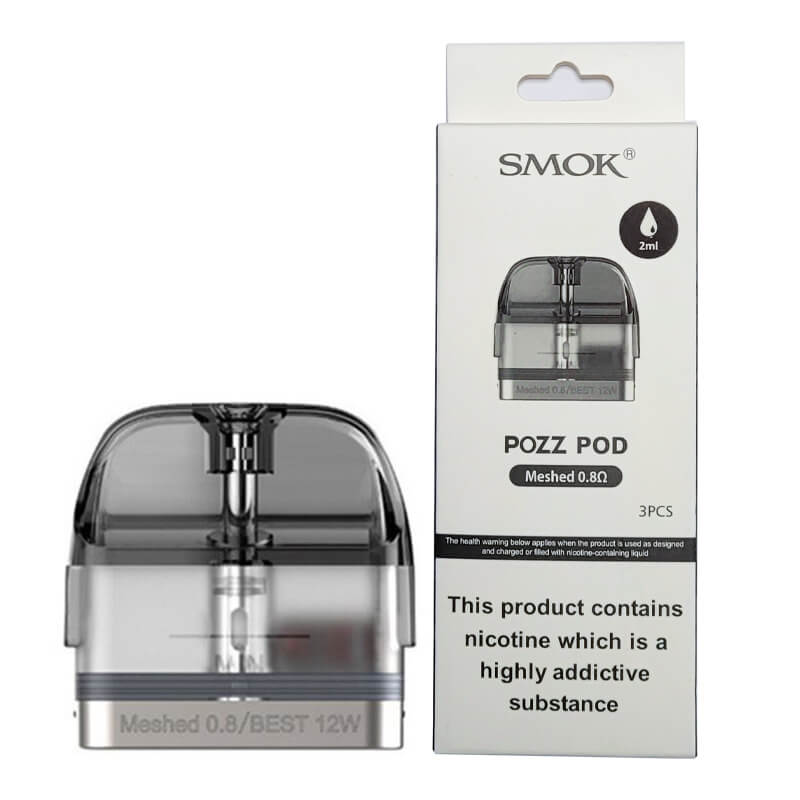 SMOK Pozz replacement vape pods shown in black with transparent mouthpiece, designed for use with SMOK vape devices.