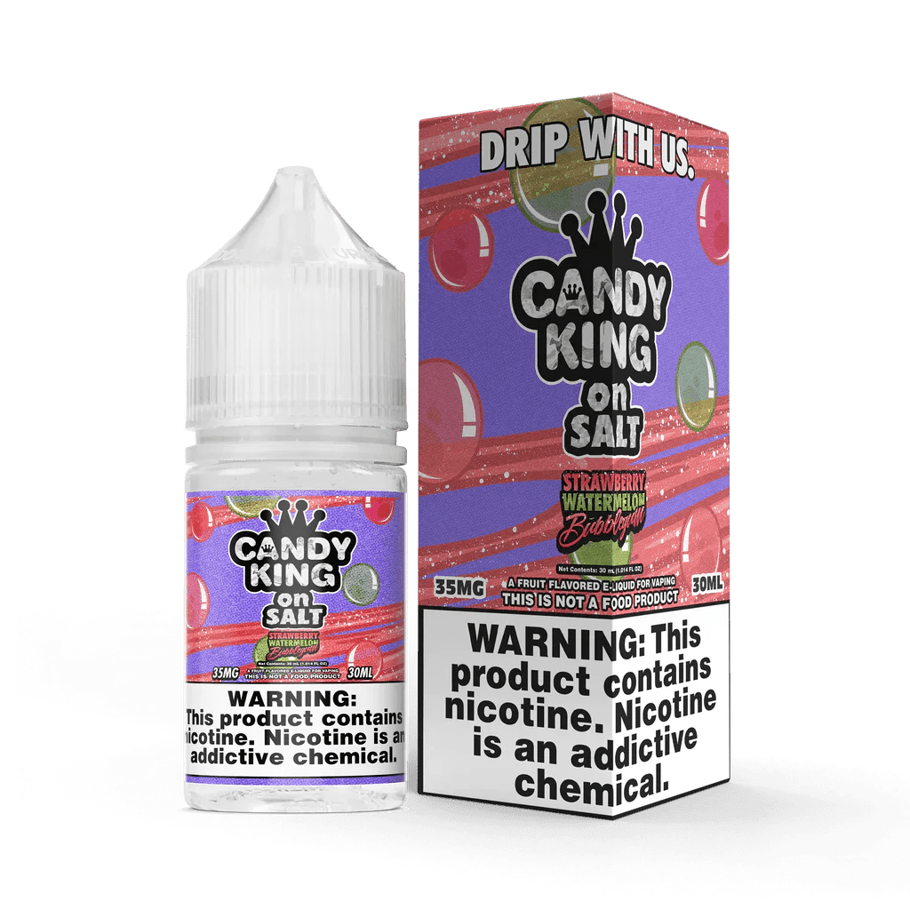 Strawberry watermelon bubblegum salt e-liquid by Candy King, 30mL bottle with vibrant pink and green flavors.